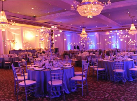 Grand ballroom set for an elegant wedding reception