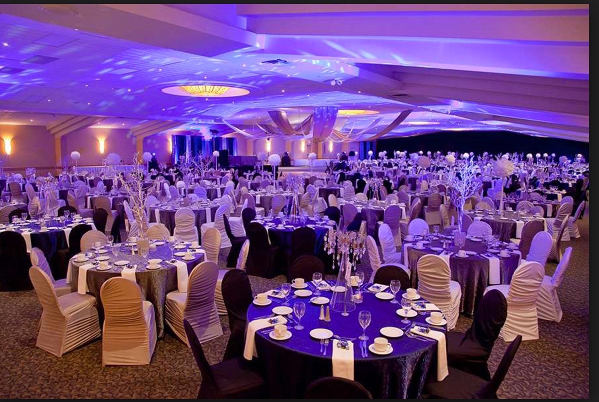 Grand ballroom set for an elegant wedding reception